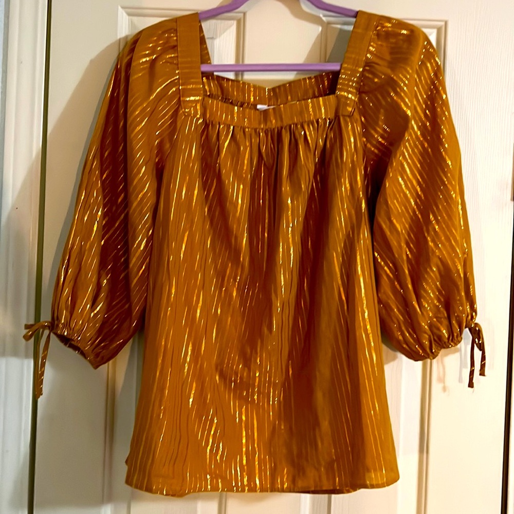 Lauren Conrad Gold Blouse Dressy Size L Glitter Peasant Blouse Renaissance